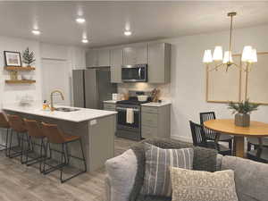 Kitchen featuring sink, appliances with stainless steel finishes, gray cabinetry, backsplash, and light hardwood / wood-style floors