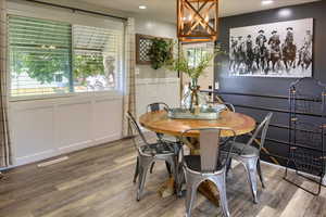 Dining area with wood-type flooring and a wealth of natural light