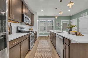 Kitchen with sink, hanging light fixtures, a center island with sink, stainless steel appliances, and decorative backsplash