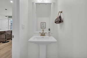 Bathroom featuring wood-type flooring and sink