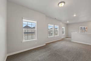 Unfurnished room featuring plenty of natural light and carpet