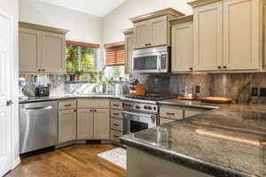 Kitchen featuring backsplash, dark wood flooring, sink, and appliances with stainless steel finishes