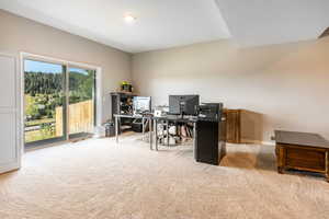 Office area featuring light carpet walkout with sliding doors