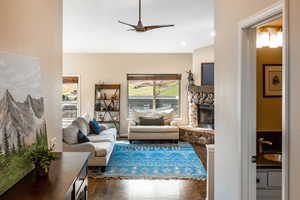 Living room with sink, dark wood flooring, a wealth of natural light, and a fireplace