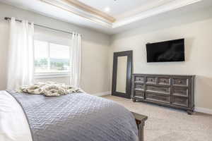 Bedroom featuring a tray ceiling and light carpet