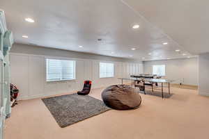 Playroom featuring a wealth of natural light and light carpet