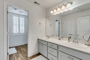 Bathroom featuring wood-type flooring and vanity