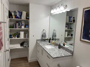 Bathroom featuring hardwood / wood-style flooring and vanity