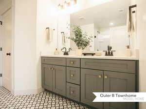 Bathroom featuring vanity and a shower with door