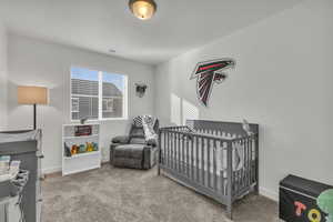 Carpeted bedroom featuring a nursery area