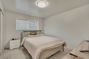 Bedroom with light colored carpet