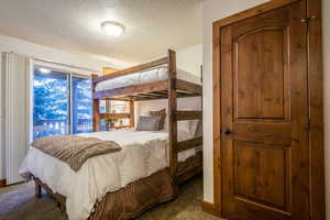 Carpeted bedroom featuring access to outside and a textured ceiling