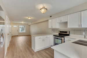 Kitchen with stainless steel appliances, white cabinetry, light wood-type flooring, and kitchen peninsula