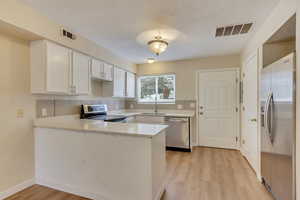 Kitchen with appliances with stainless steel finishes, white cabinetry, sink, kitchen peninsula, and light hardwood / wood-style flooring