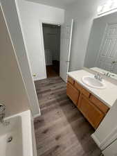 Bathroom with wood-type flooring and vanity