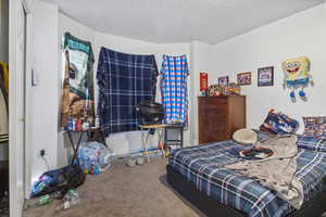 Carpeted bedroom featuring a textured ceiling