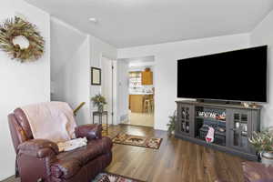 Living room with dark wood-type flooring and a textured ceiling