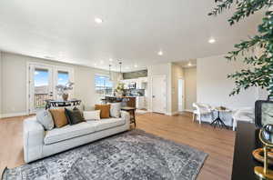 Living room with french doors and light hardwood / wood-style flooring