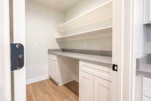 Quartz countertop, shelving and spacious pantry cabinets.