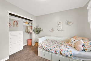 Carpeted bedroom with a closet