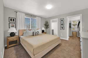 Bedroom with a spacious closet, carpet floors, a closet, and a textured ceiling