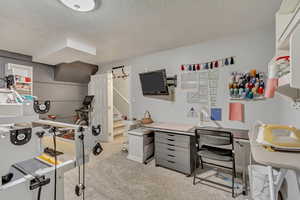 Carpeted office space with a textured ceiling