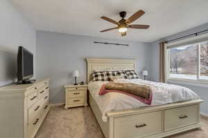 Carpeted bedroom featuring ceiling fan