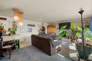 Carpeted living room featuring a textured ceiling, crown molding, and an inviting chandelier