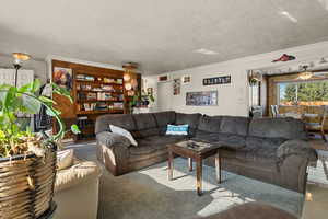 Living room with carpet, a textured ceiling, and ornamental molding