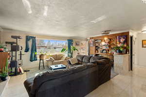 Living room with crown molding and a textured ceiling