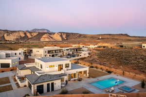 Aerial view at dusk with a mountain view