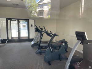 Workout area featuring french doors