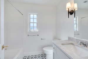 Full bathroom featuring visible vents, toilet, shower / bathtub combination, baseboards, and vanity