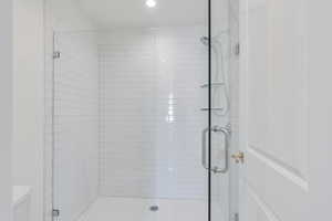 Full bathroom with toilet and a stall shower