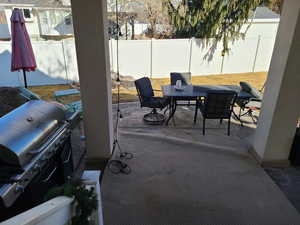 View of patio with area for grilling