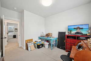 Recreation room featuring light carpet