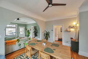 Dining room featuring crown molding, ceiling fan, and light hardwood / wood-style flooring