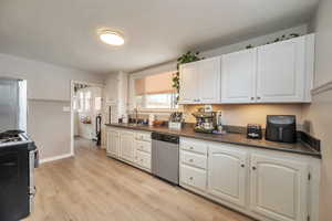 Kitchen featuring sink, light hardwood / wood-style floors, white cabinets, and appliances with stainless steel finishes