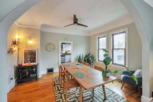 Dining space with ceiling fan, ornamental molding, and light hardwood / wood-style floors