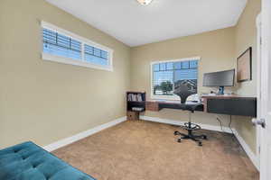 Office space with light colored carpet and a wealth of natural light