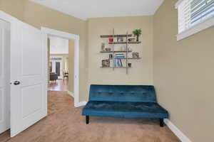 Living area with a healthy amount of sunlight and carpet floors