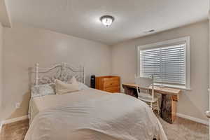 Bedroom with a textured ceiling and carpet