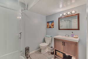 Bathroom featuring vanity, an enclosed shower, a textured ceiling, and toilet