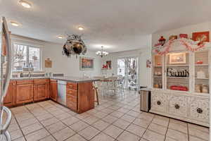 Kitchen with appliances with stainless steel finishes, sink, kitchen peninsula, a healthy amount of sunlight, and a textured ceiling