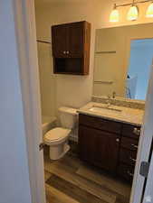 Bathroom with hardwood / wood-style flooring, vanity, and toilet