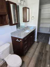 Bathroom with wood-type flooring, vanity, and toilet