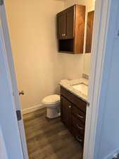 Bathroom featuring vanity, hardwood / wood-style floors, and toilet