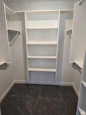 Walk in closet with dark colored carpet