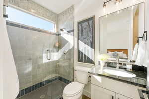 Bathroom featuring a shower with door, vanity, and toilet