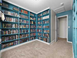 Interior space with carpet and a textured ceiling